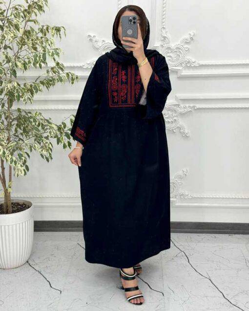 پیراهن لینن گلدوزی آستین کیمونو سرمه ای 6024